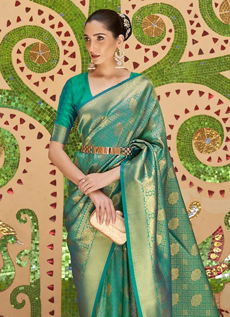 Admiring Green Color Silk Material Silk Weave V-Neck Blouse Saree