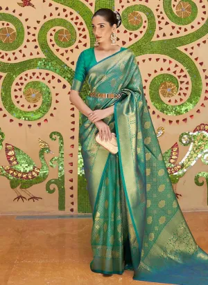 Admiring Green Color Silk Material Silk Weave V-Neck Blouse Saree