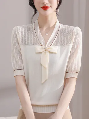 Ava Classic V-Neck Bow Ice Silk Knitted Top
