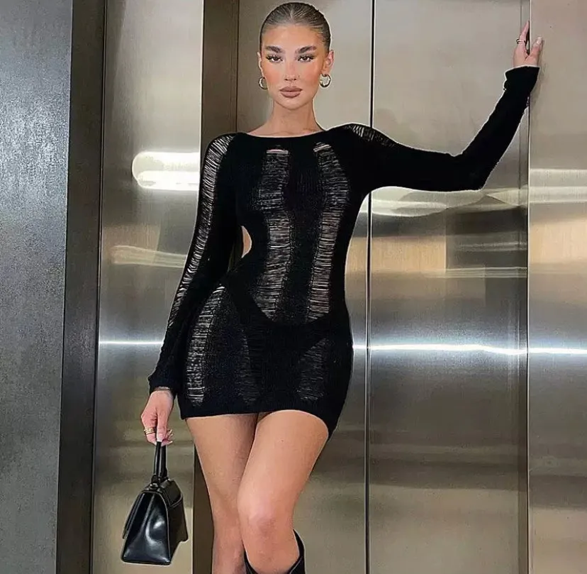 Backless Black Distressed Mini Dress