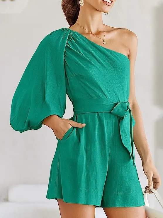 Belted Navy Blue One Shoulder 3/4 Puff Sleeve Shorts Romper