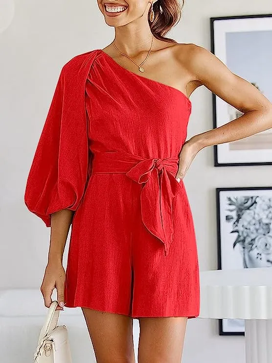 Belted Navy Blue One Shoulder 3/4 Puff Sleeve Shorts Romper