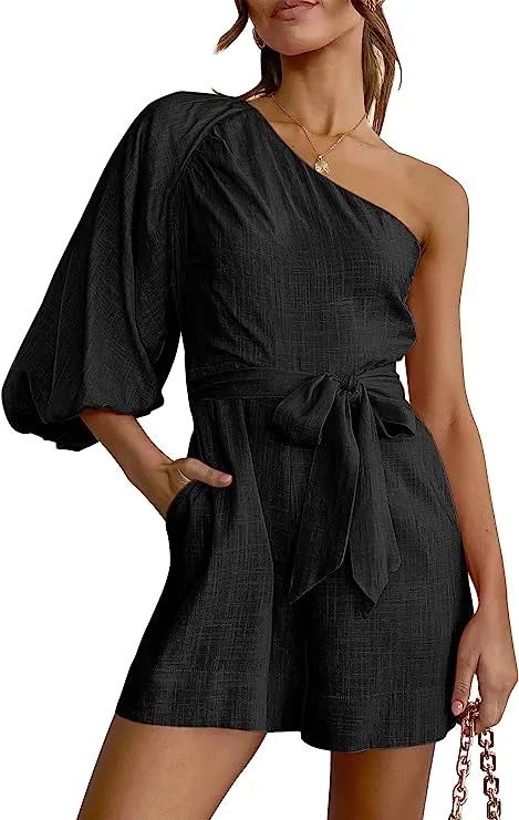 Belted Navy Blue One Shoulder 3/4 Puff Sleeve Shorts Romper