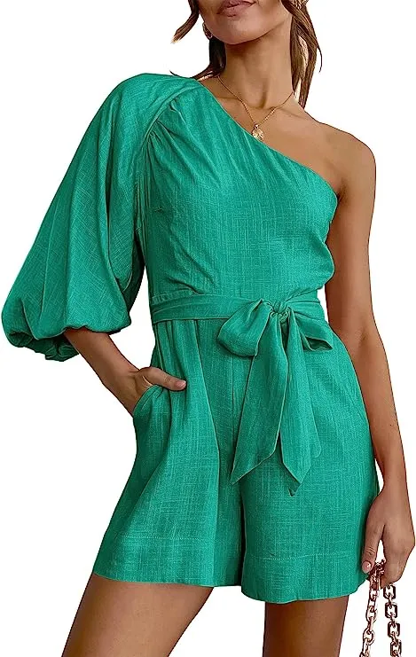 Belted Navy Blue One Shoulder 3/4 Puff Sleeve Shorts Romper