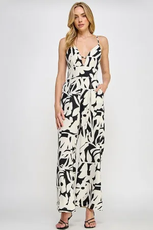 Black Floral Print Wide Leg Jumpsuit