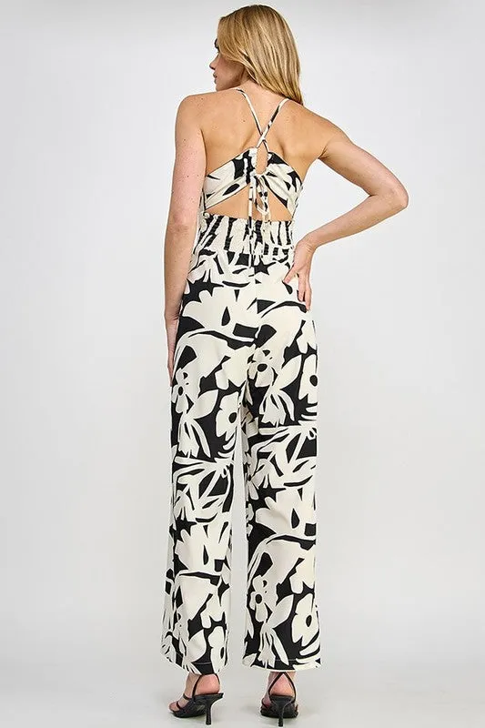 Black Floral Print Wide Leg Jumpsuit