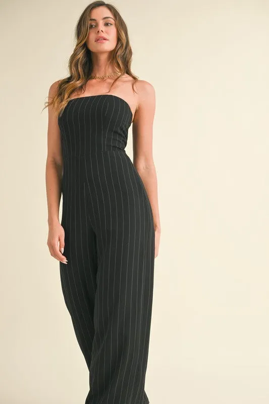 Black Pin Striped Tube Wide Leg Jumpsuit