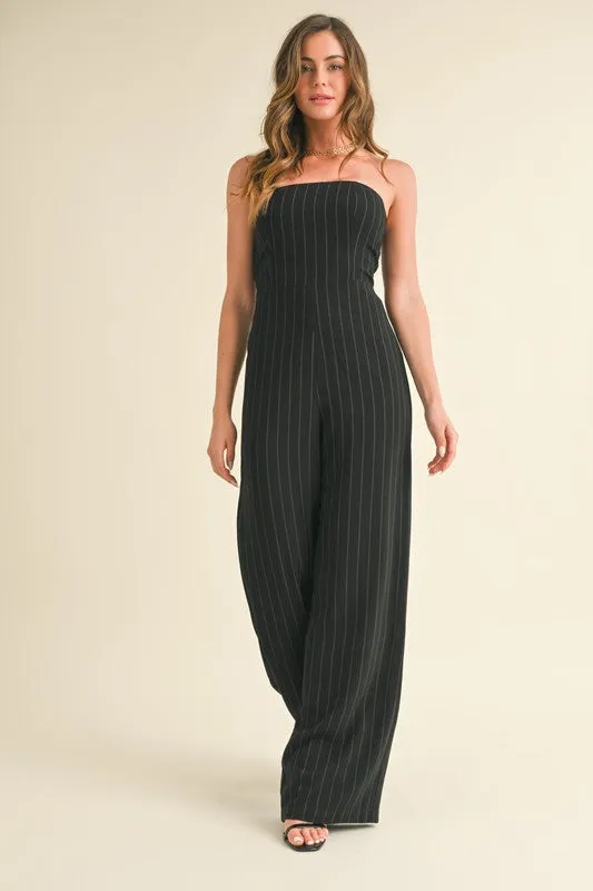 Black Pin Striped Tube Wide Leg Jumpsuit