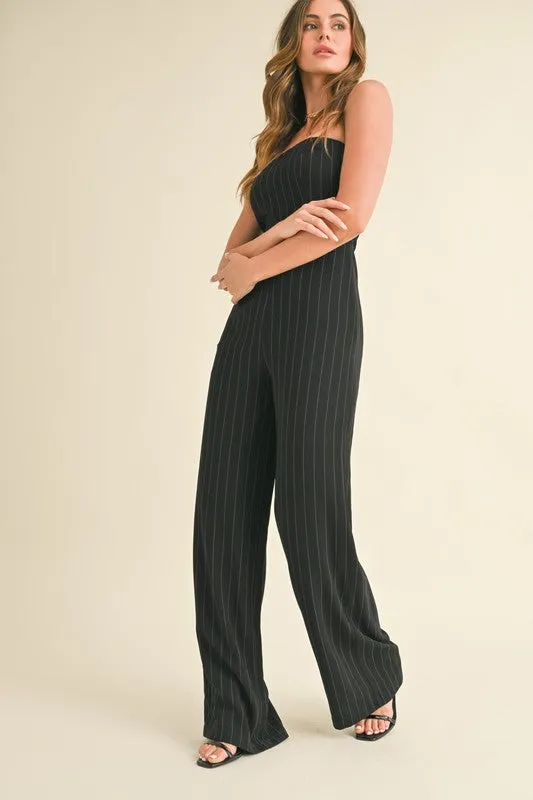 Black Pin Striped Tube Wide Leg Jumpsuit