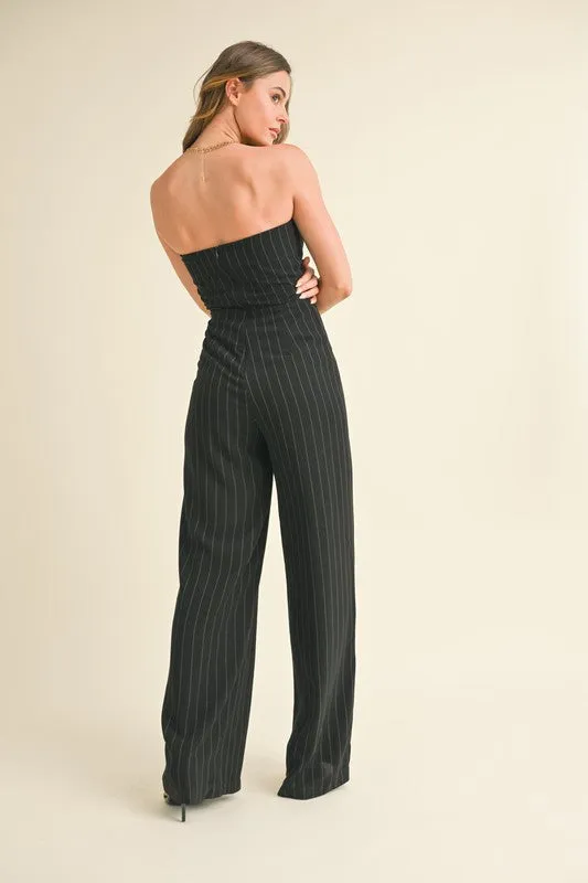 Black Pin Striped Tube Wide Leg Jumpsuit