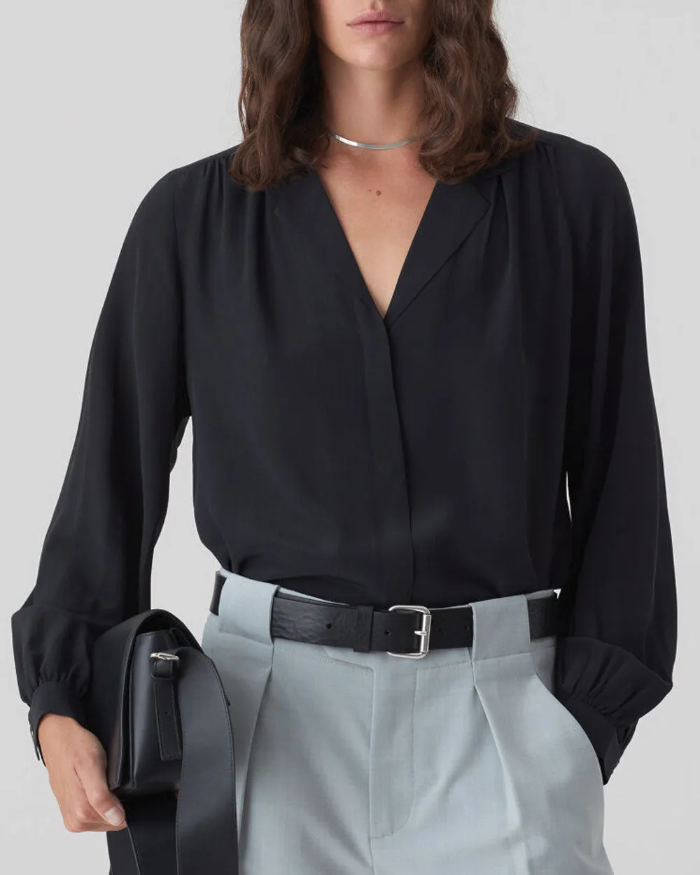 Black V Neck Silk Blouse