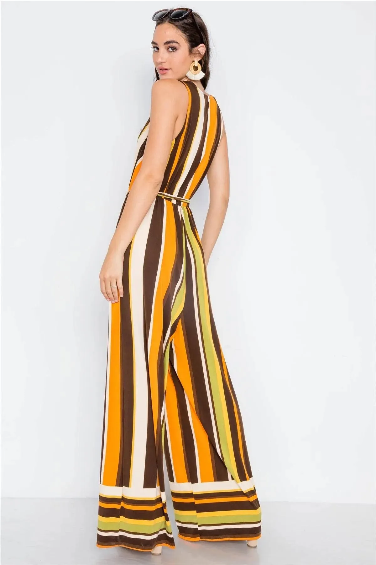 Brown Multi V-neck Sash Flare Leg Jumpsuit