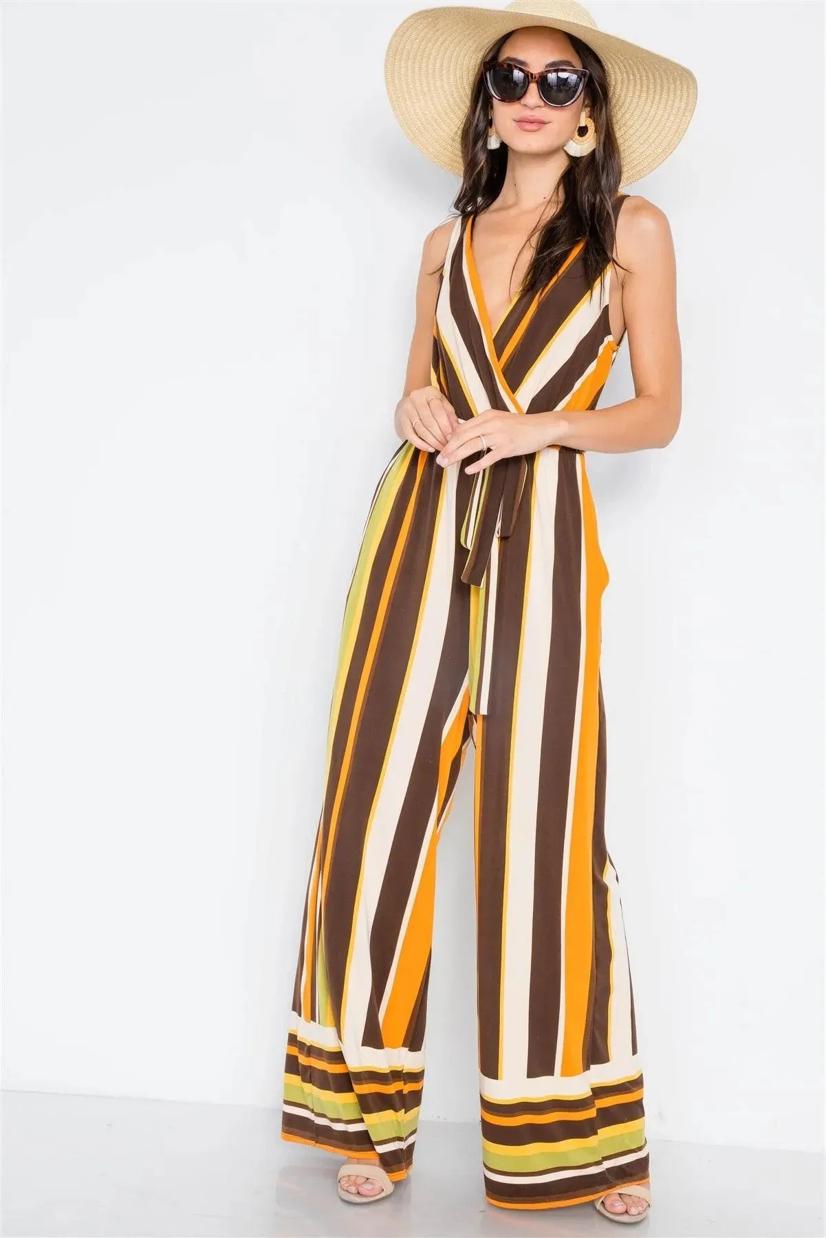 Brown Multi V-neck Sash Flare Leg Jumpsuit