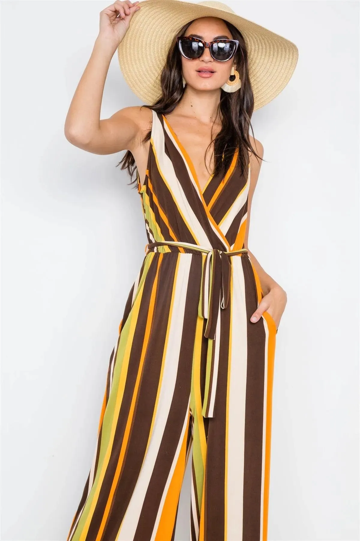 Brown Multi V-neck Sash Flare Leg Jumpsuit
