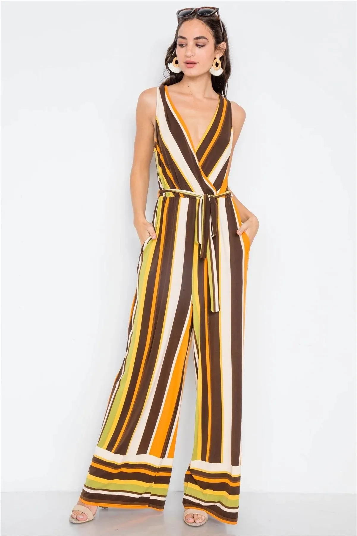 Brown Multi V-neck Sash Flare Leg Jumpsuit