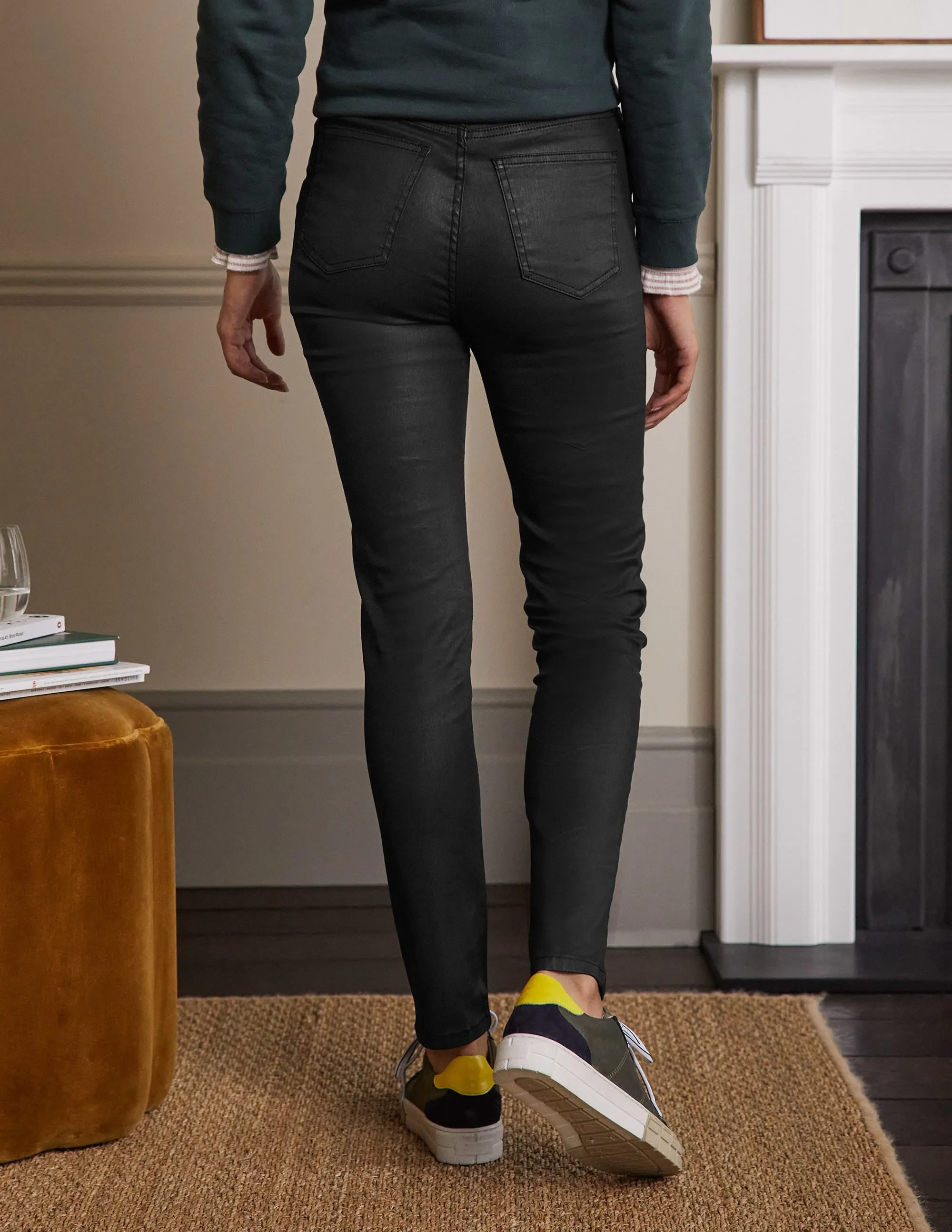Button Fly Skinny Jeans-Black Waxed