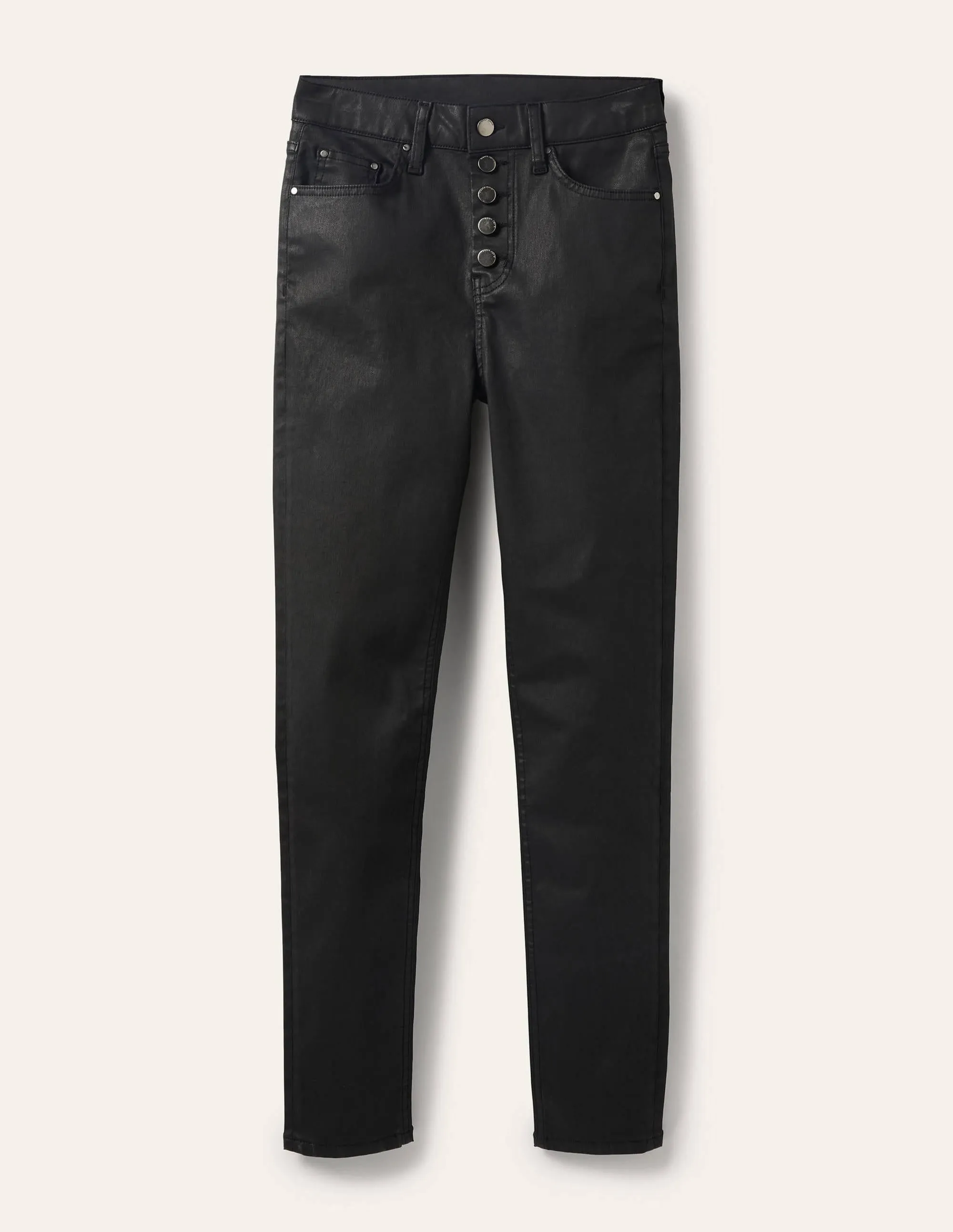 Button Fly Skinny Jeans-Black Waxed