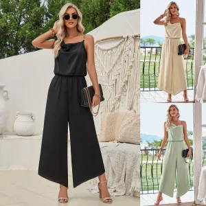 Casual Wide Leg Sleeveless Jumpsuit for Women with High Waist Solid Color Suspender