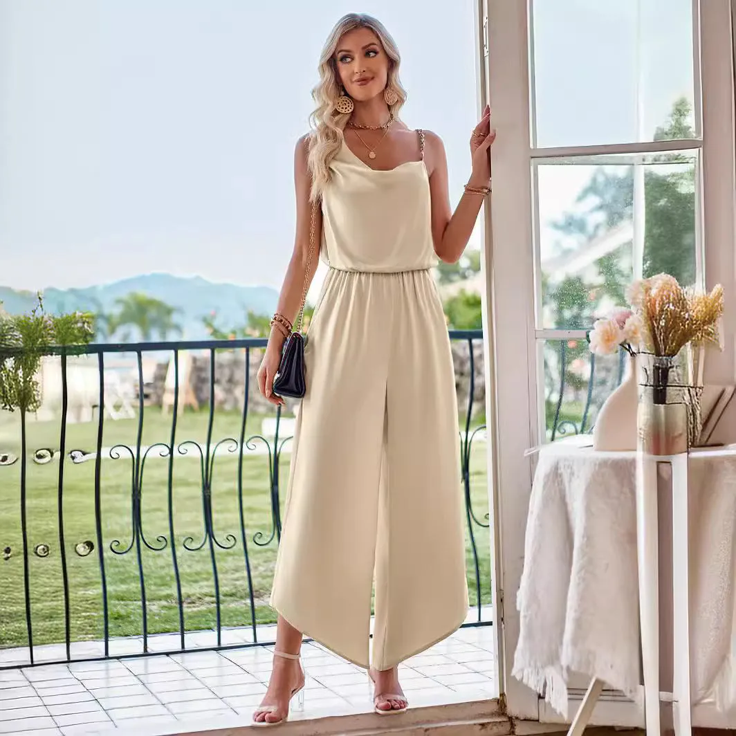 Casual Wide Leg Sleeveless Jumpsuit for Women with High Waist Solid Color Suspender