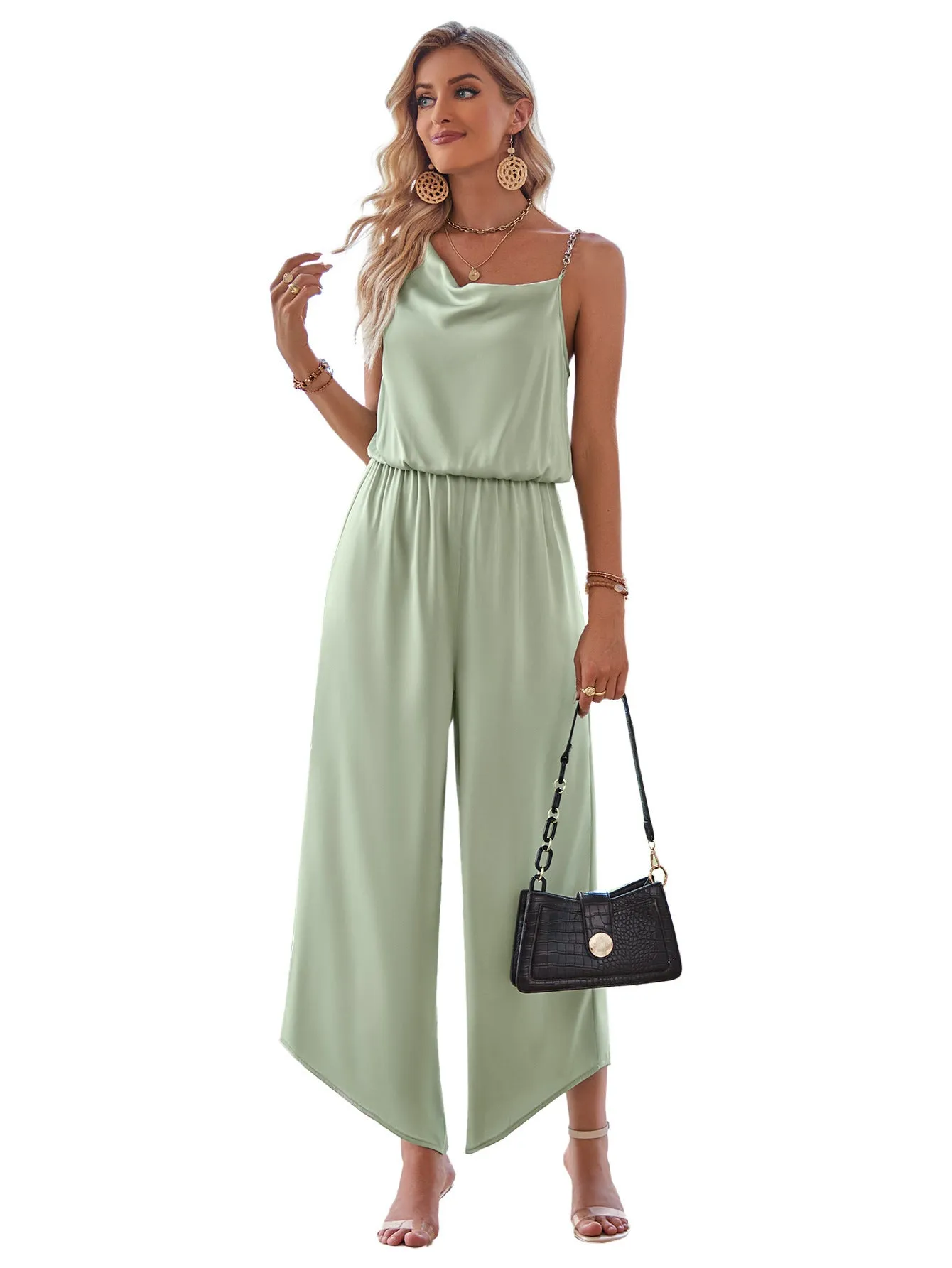 Casual Wide Leg Sleeveless Jumpsuit for Women with High Waist Solid Color Suspender