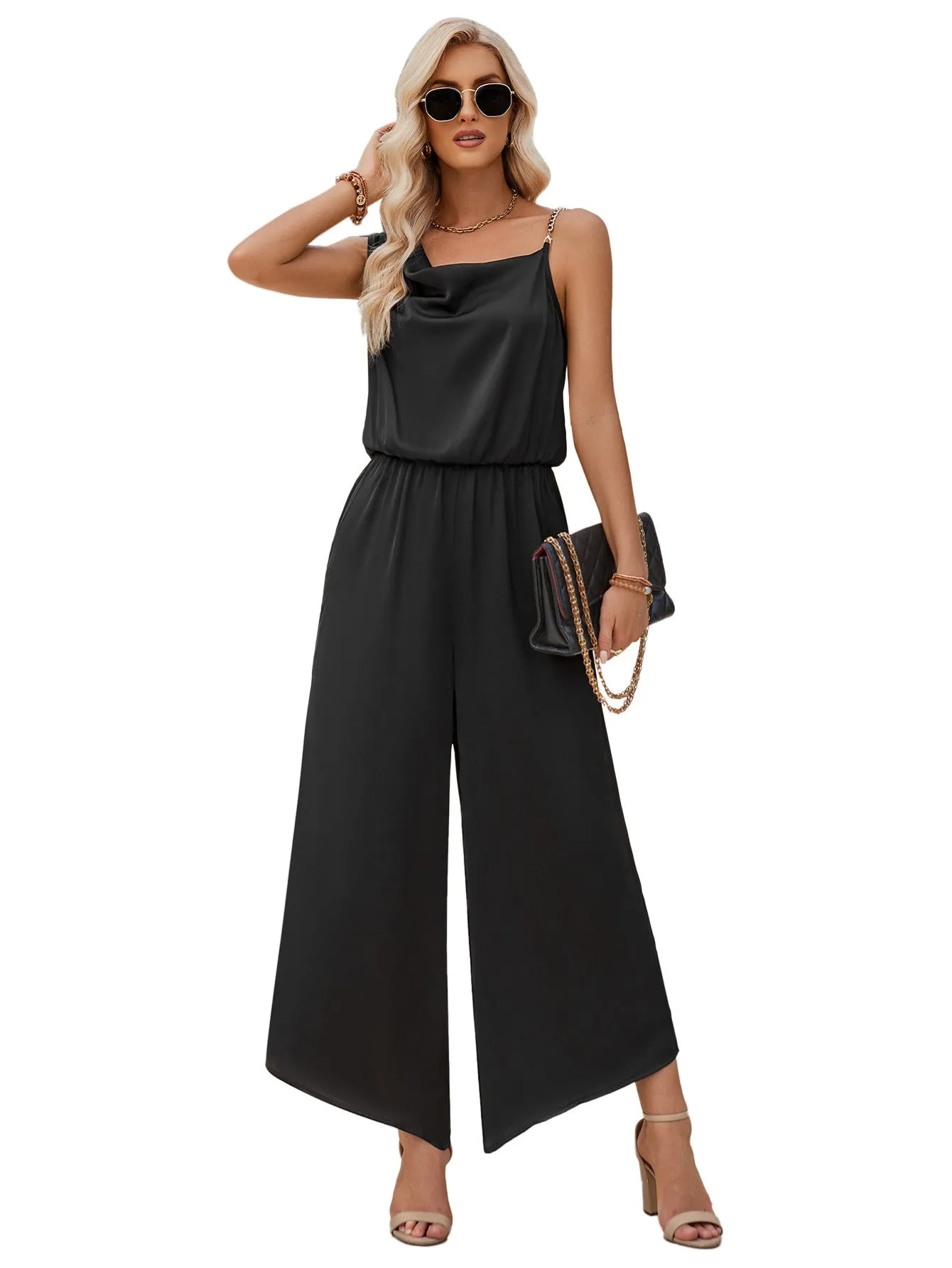 Casual Wide Leg Sleeveless Jumpsuit for Women with High Waist Solid Color Suspender