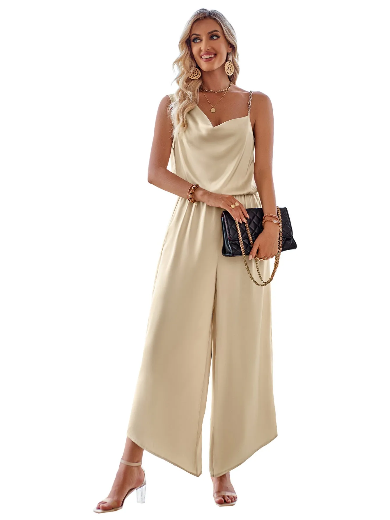 Casual Wide Leg Sleeveless Jumpsuit for Women with High Waist Solid Color Suspender