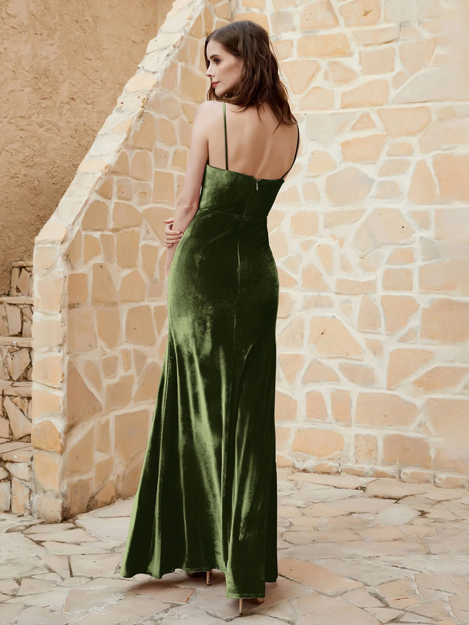 Cowl Neck Mermaid Velvet Gown Olive Green Plus Size