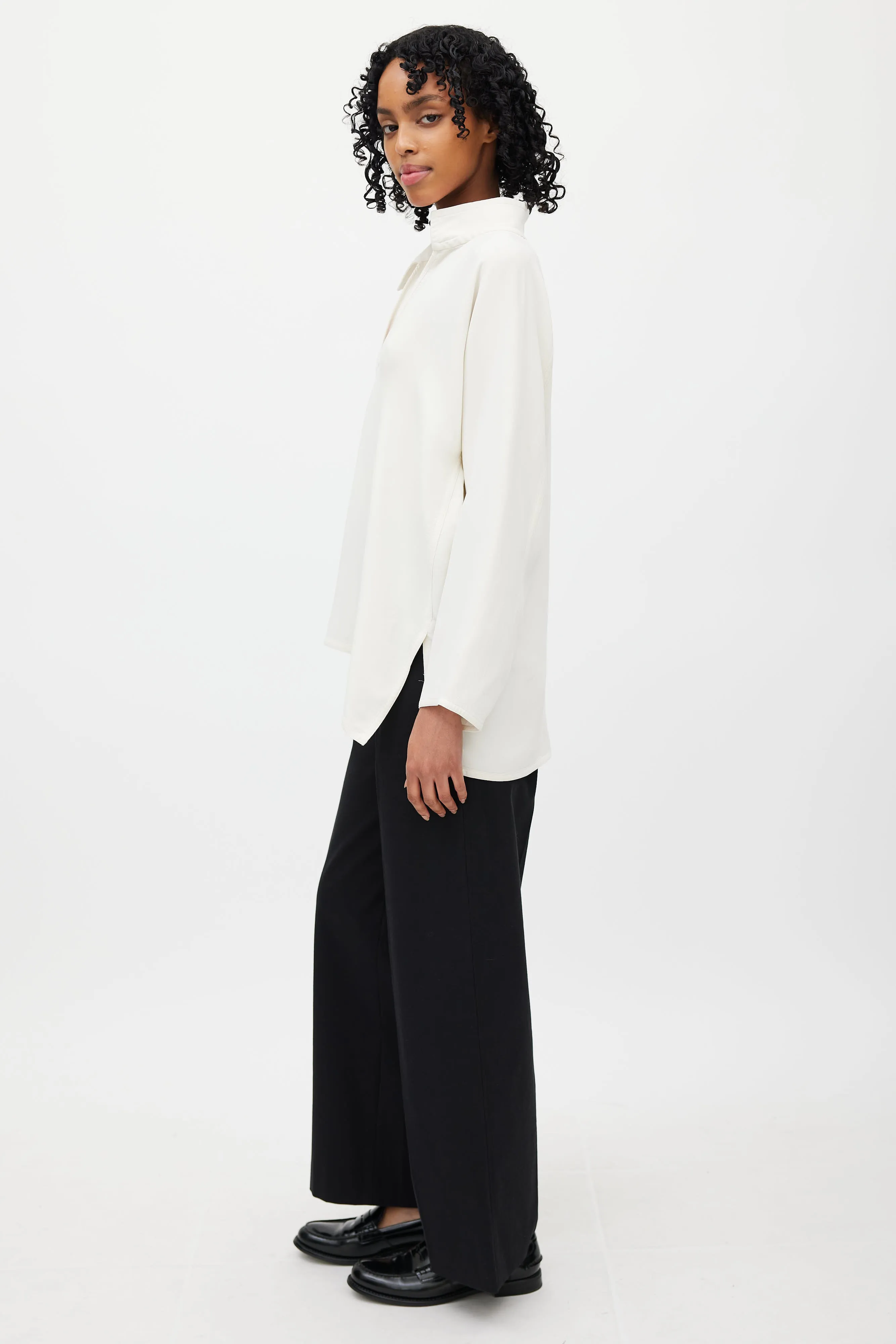 Cream Silk V-Neck Blouse