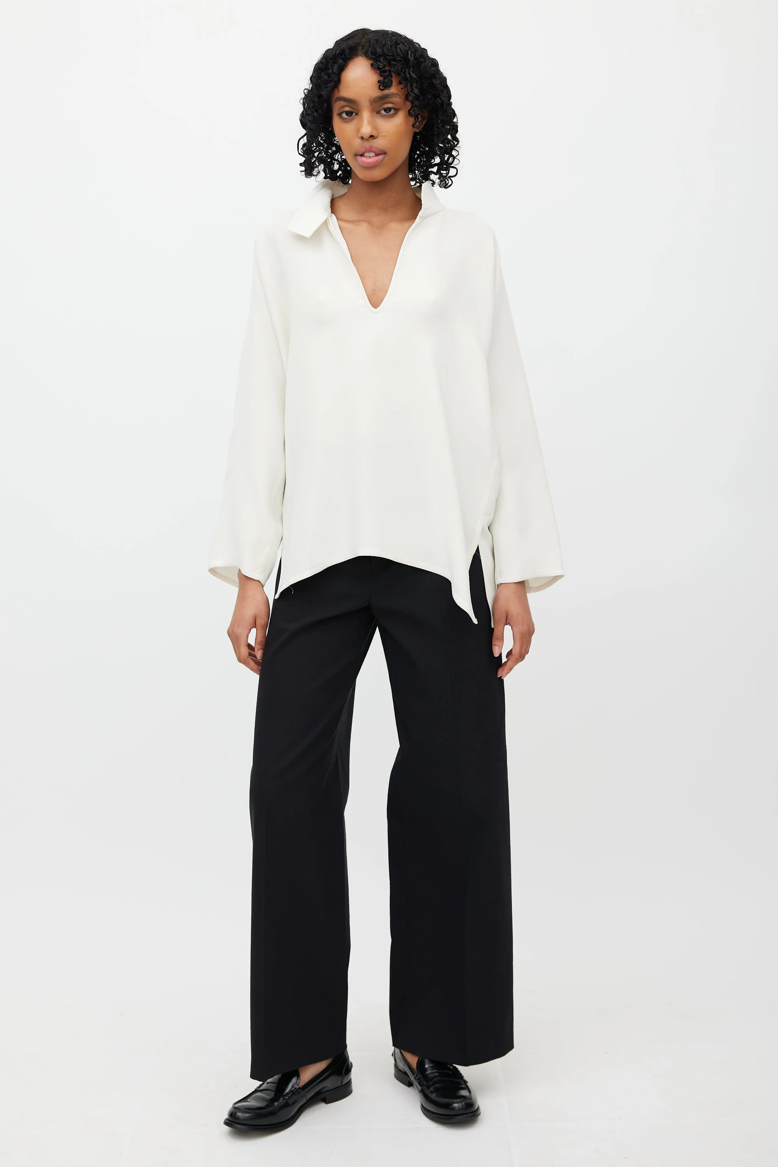 Cream Silk V-Neck Blouse