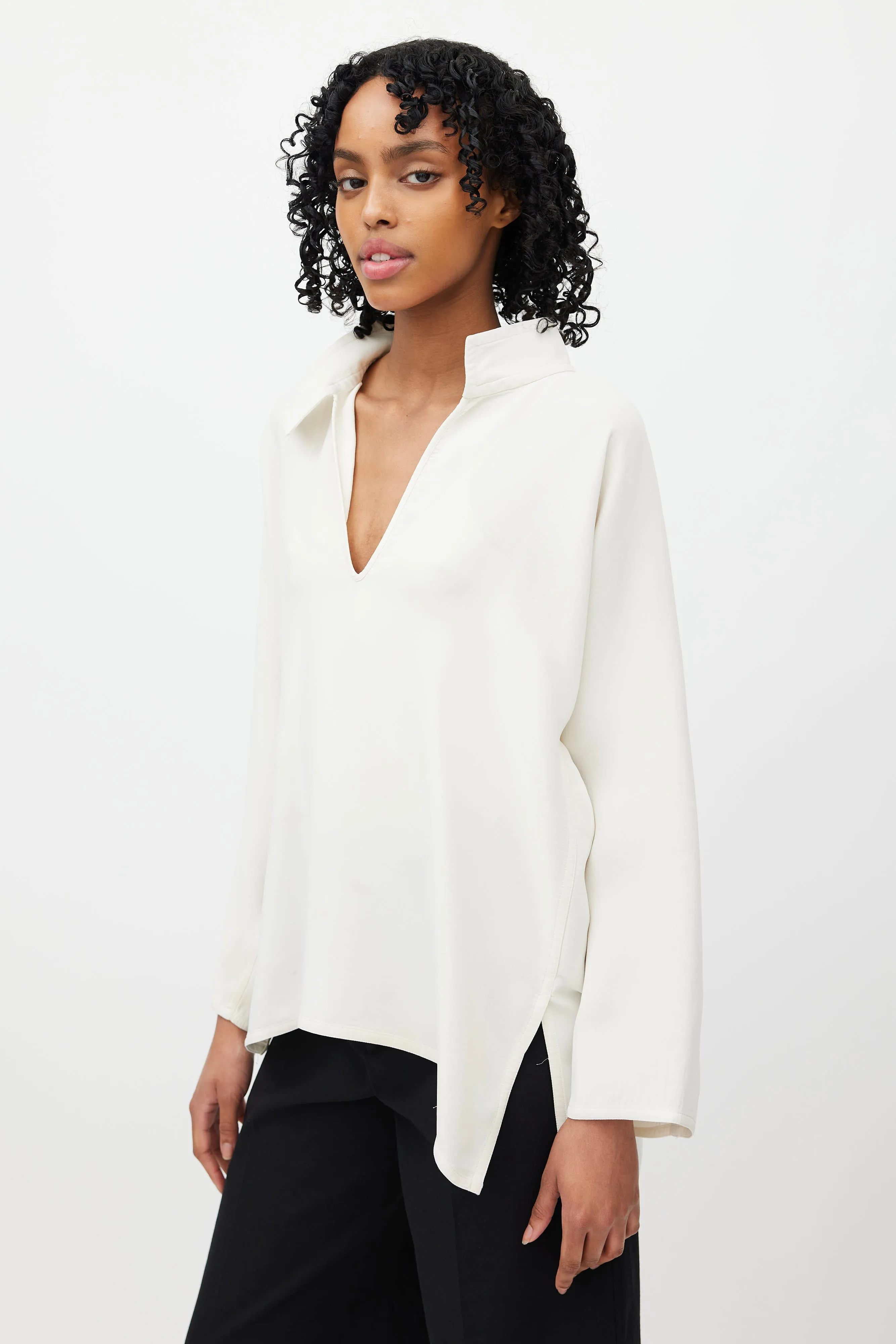 Cream Silk V-Neck Blouse