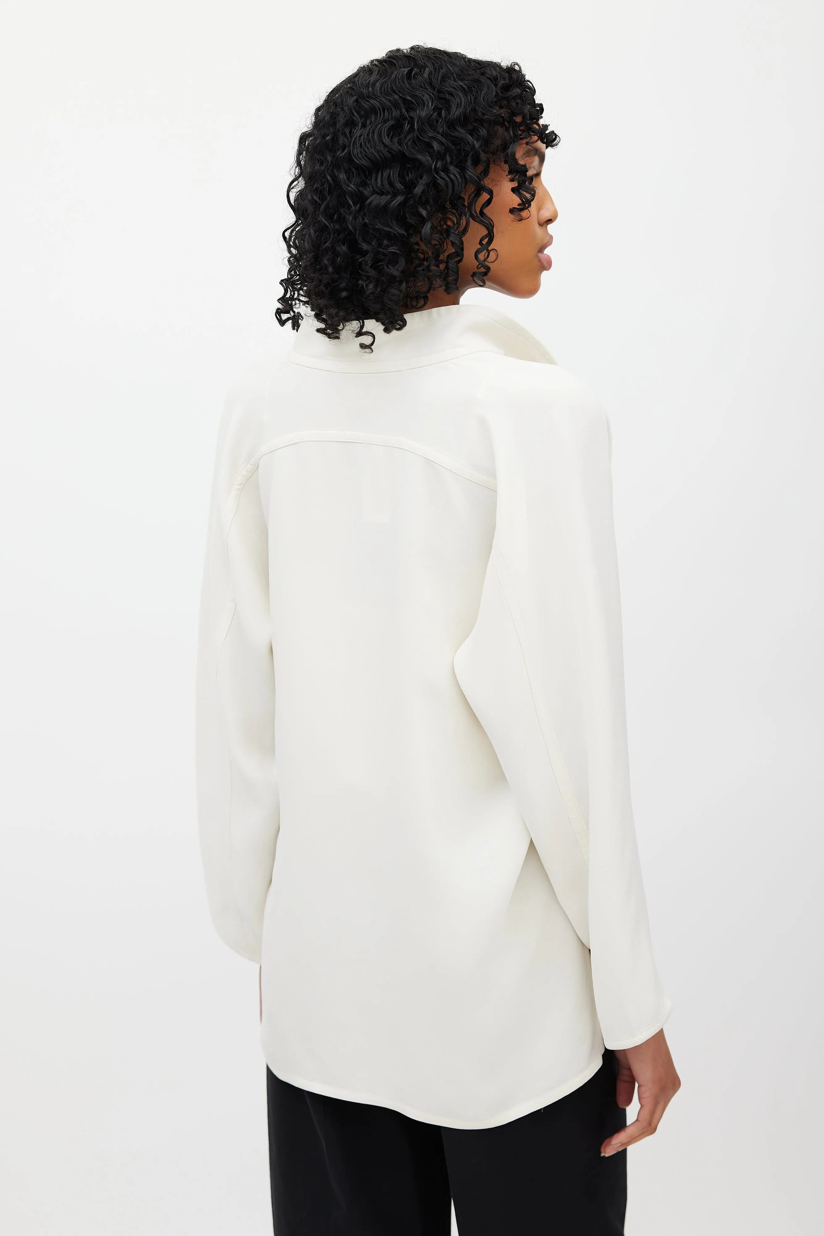 Cream Silk V-Neck Blouse