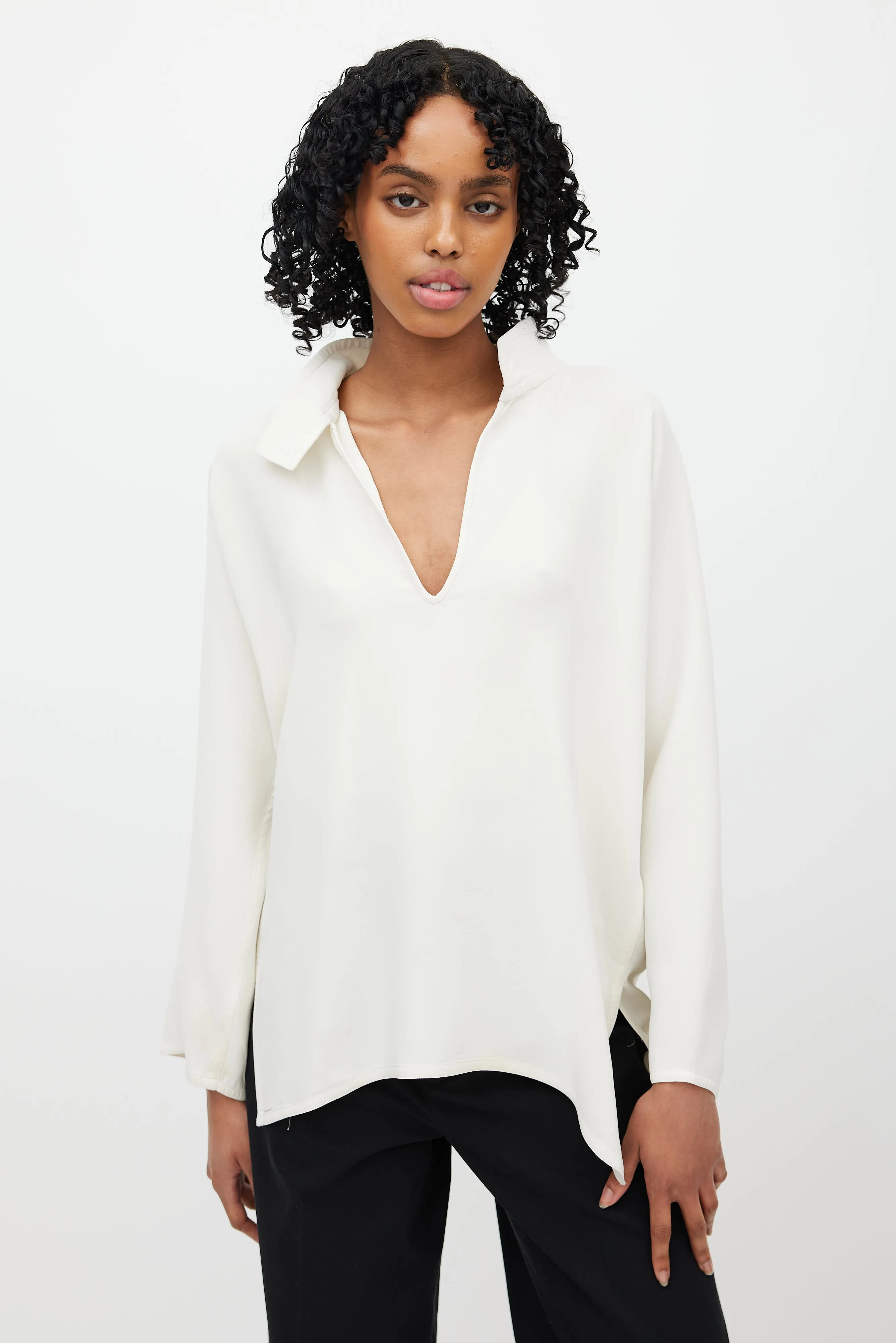 Cream Silk V-Neck Blouse