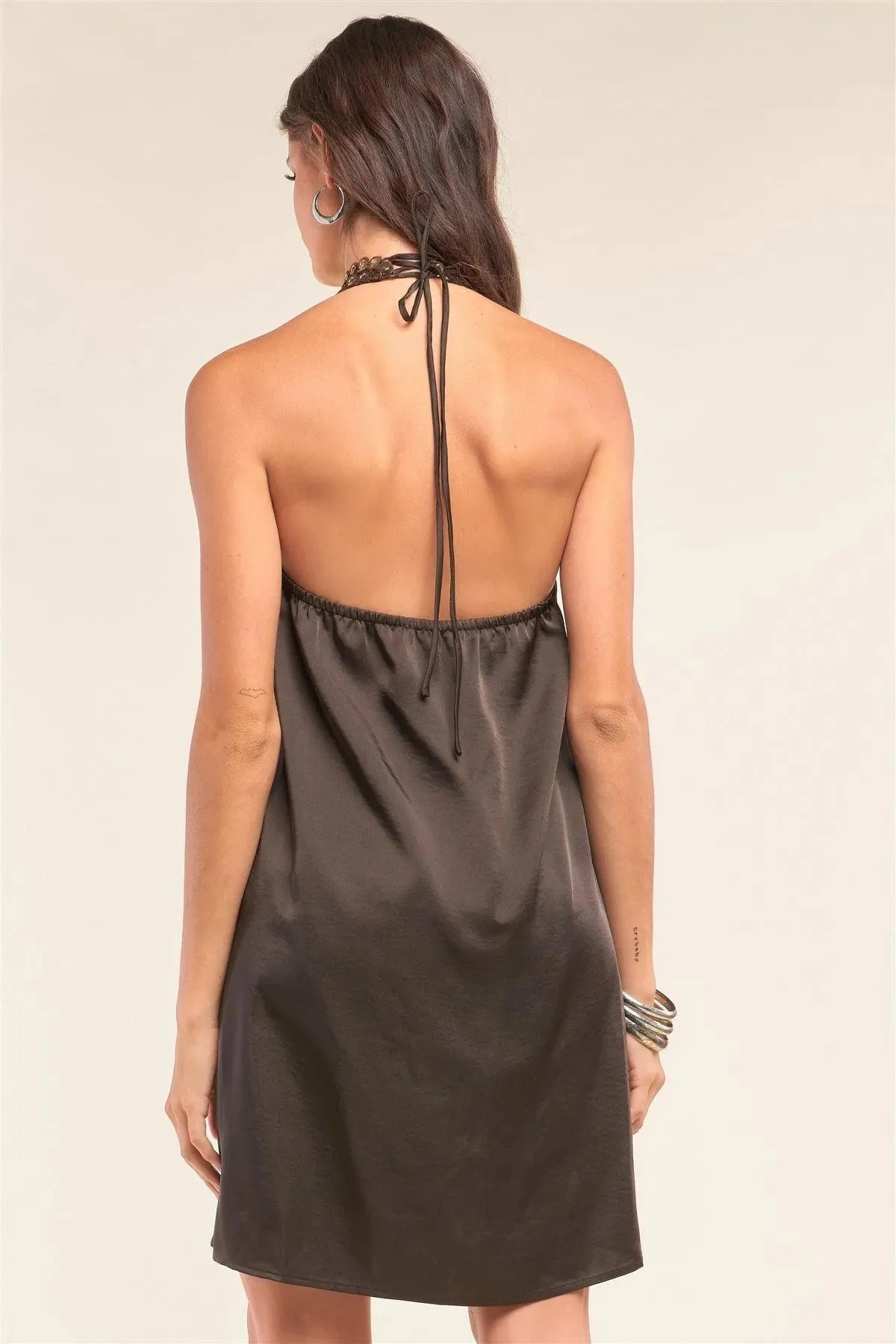 Dark Brown Satin Sleeveless Relaxed Fit Keyhole Trim Self-Tie Halter Neck Mini Dress /2-1-1-2