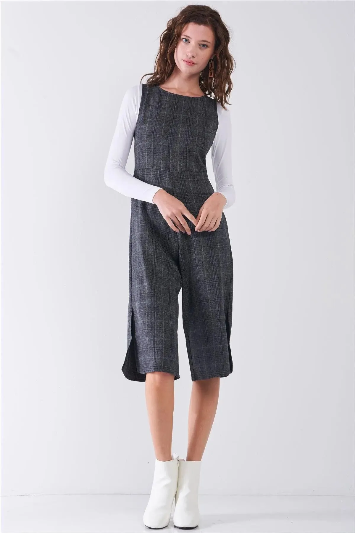 Dark Grey Preppy Sleeveless Glen Check Print Round Neck Slit Detail Wide Leg Midi Jumpsuit /2-2-2