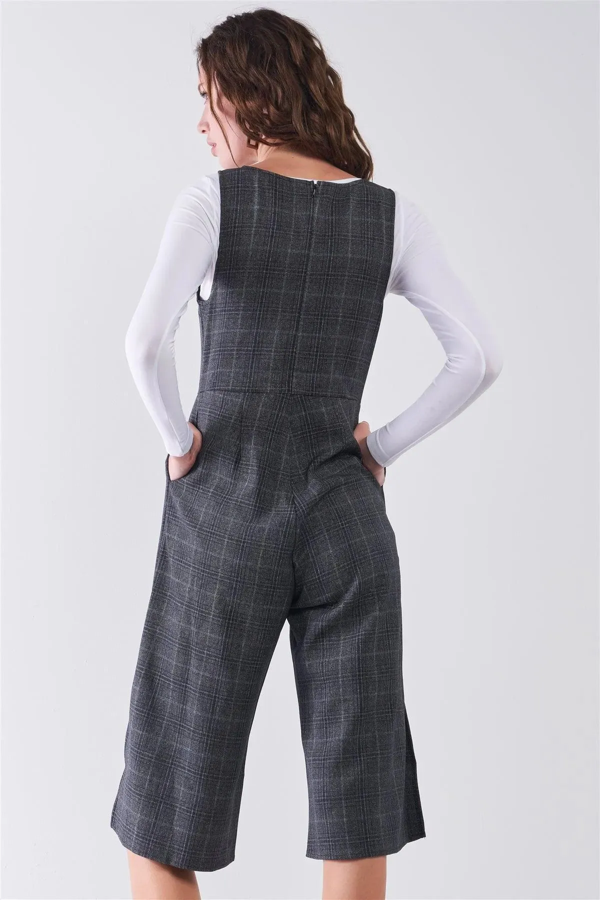 Dark Grey Preppy Sleeveless Glen Check Print Round Neck Slit Detail Wide Leg Midi Jumpsuit /2-2-2