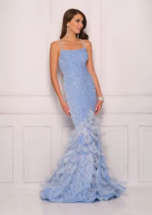 Dave & Johnny 11068 Long Fitted Sequin Feather Mermaid Prom Dress Backless Corset Gown
