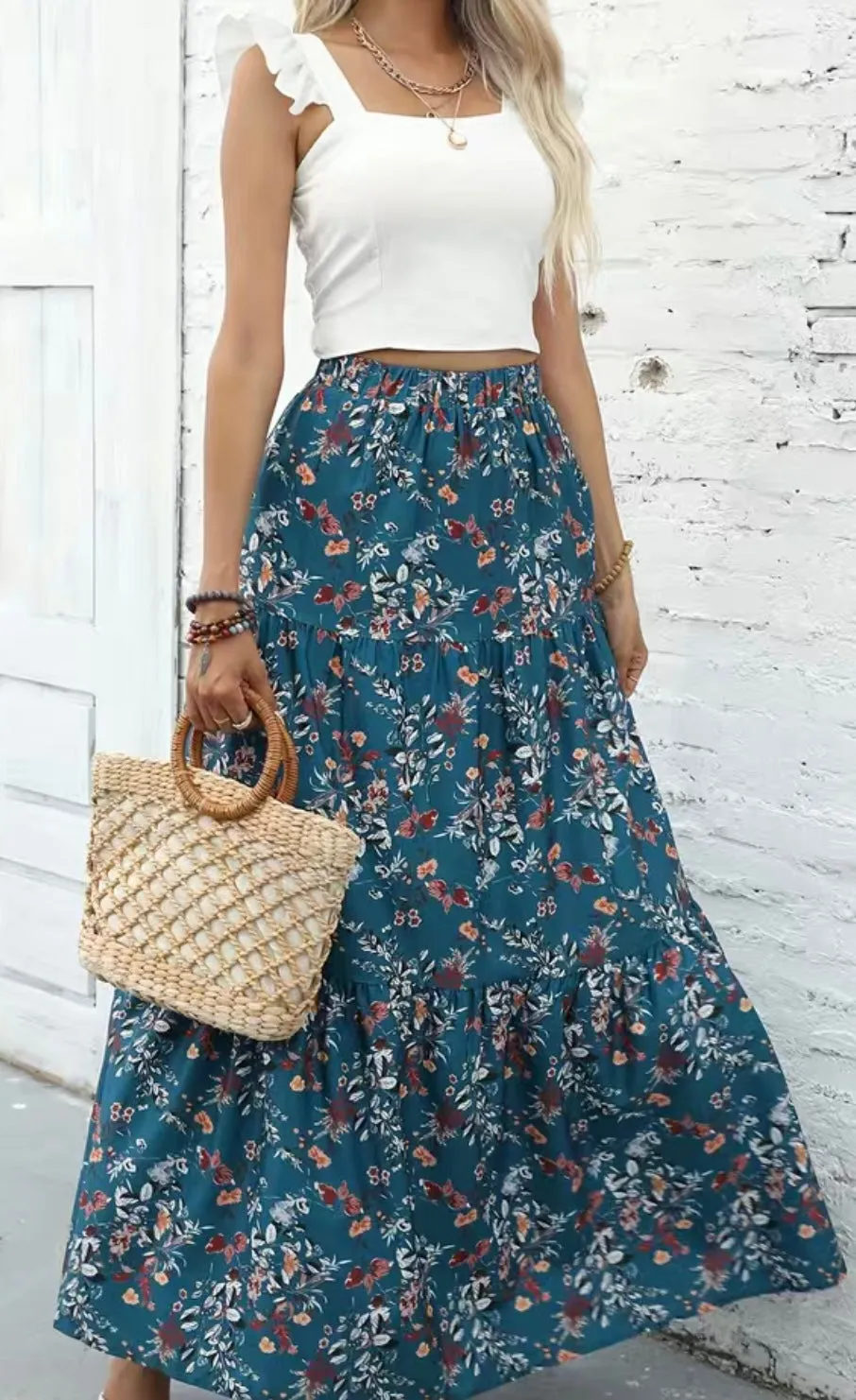 Deep Teal Floral Print Maxi Skirt