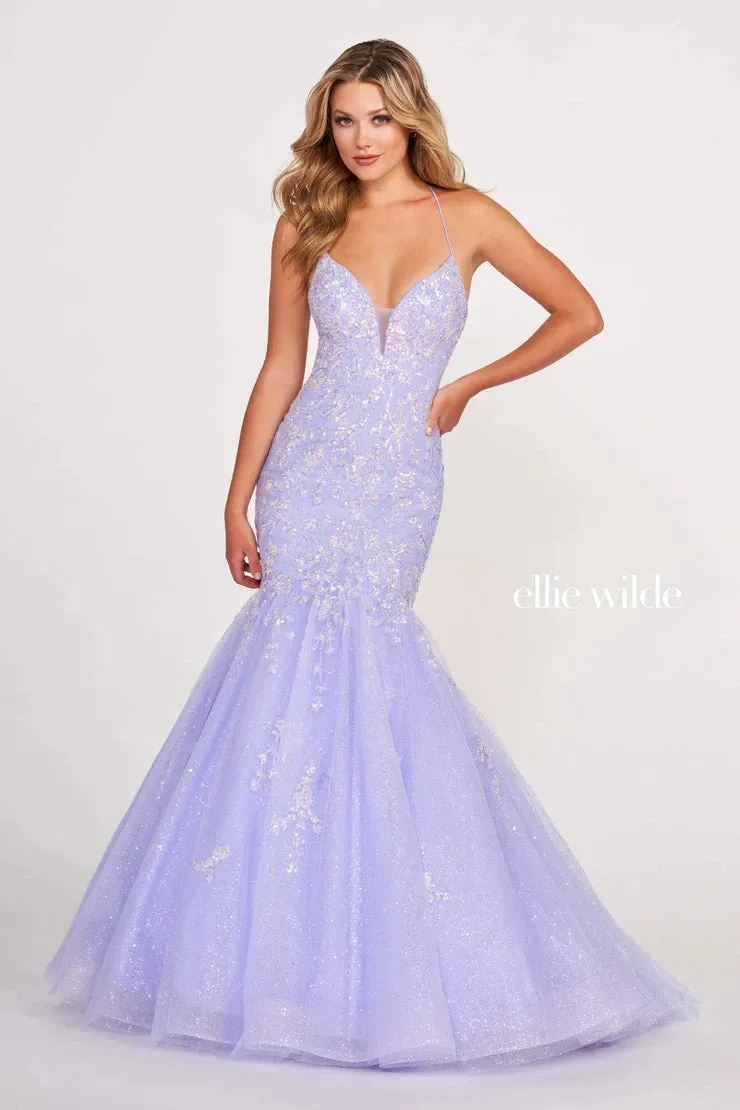 Ellie Wilde EW34011 Size 10 Orange Sequin Backless Corset Mermaid Prom Dress Shimmer Formal Gown V Neck