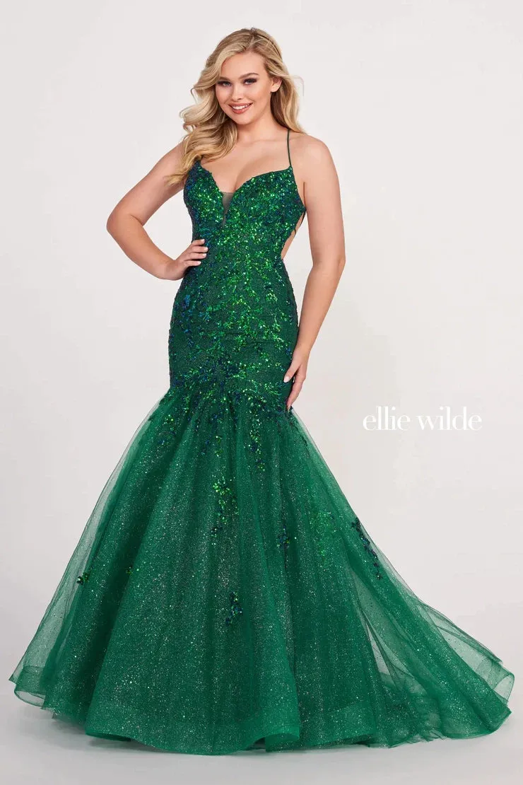 Ellie Wilde EW34011 Size 10 Orange Sequin Backless Corset Mermaid Prom Dress Shimmer Formal Gown V Neck