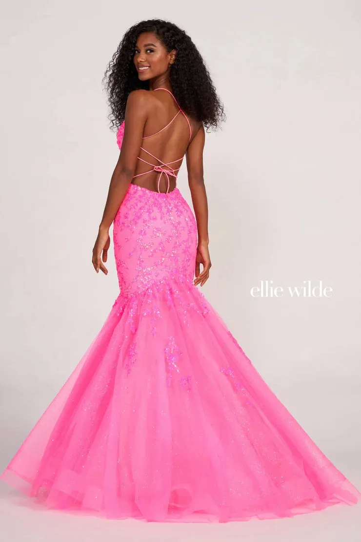 Ellie Wilde EW34011 Size 10 Orange Sequin Backless Corset Mermaid Prom Dress Shimmer Formal Gown V Neck
