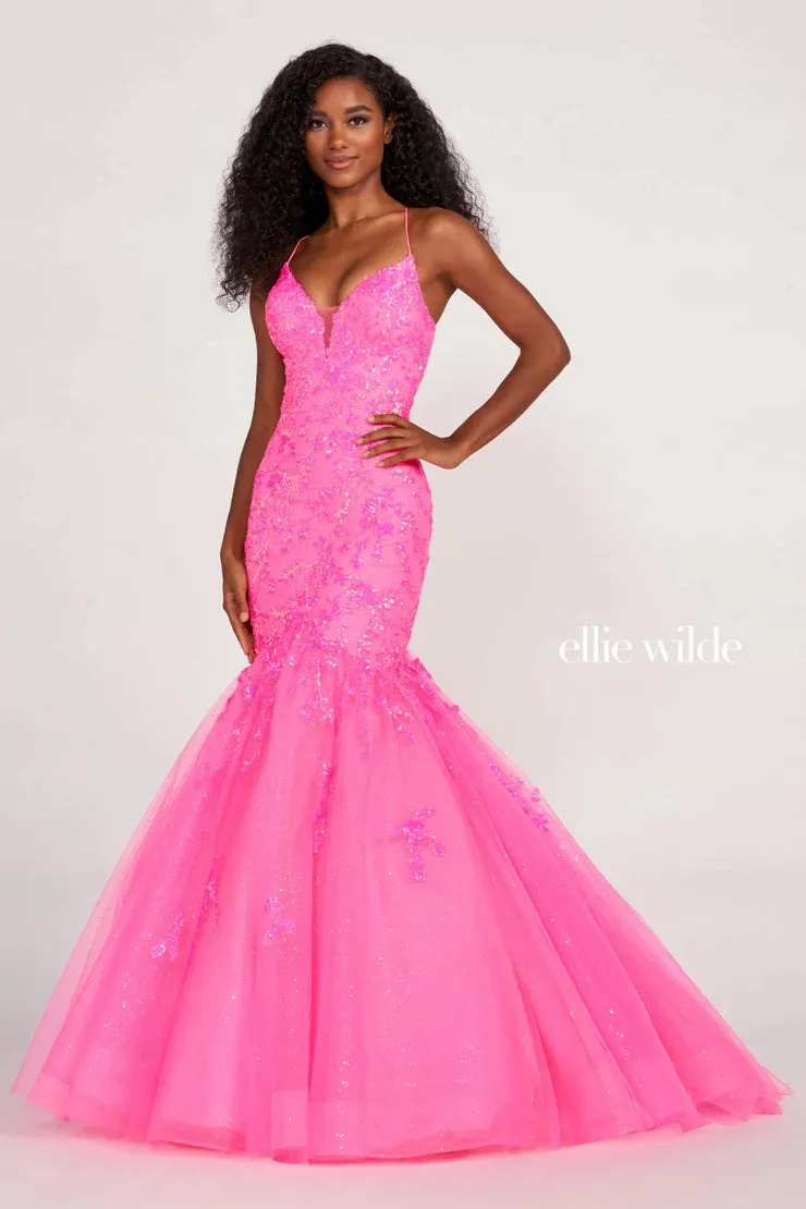 Ellie Wilde EW34011 Size 10 Orange Sequin Backless Corset Mermaid Prom Dress Shimmer Formal Gown V Neck