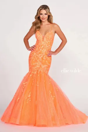 Ellie Wilde EW34011 Size 10 Orange Sequin Backless Corset Mermaid Prom Dress Shimmer Formal Gown V Neck