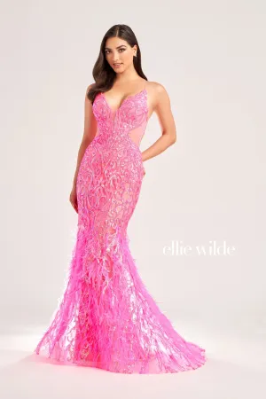 Ellie Wilde EW35006 Size 0 Hot Pink Sheer Sequin Prom Dress Backless Gown Feather Skirt Formal Gown