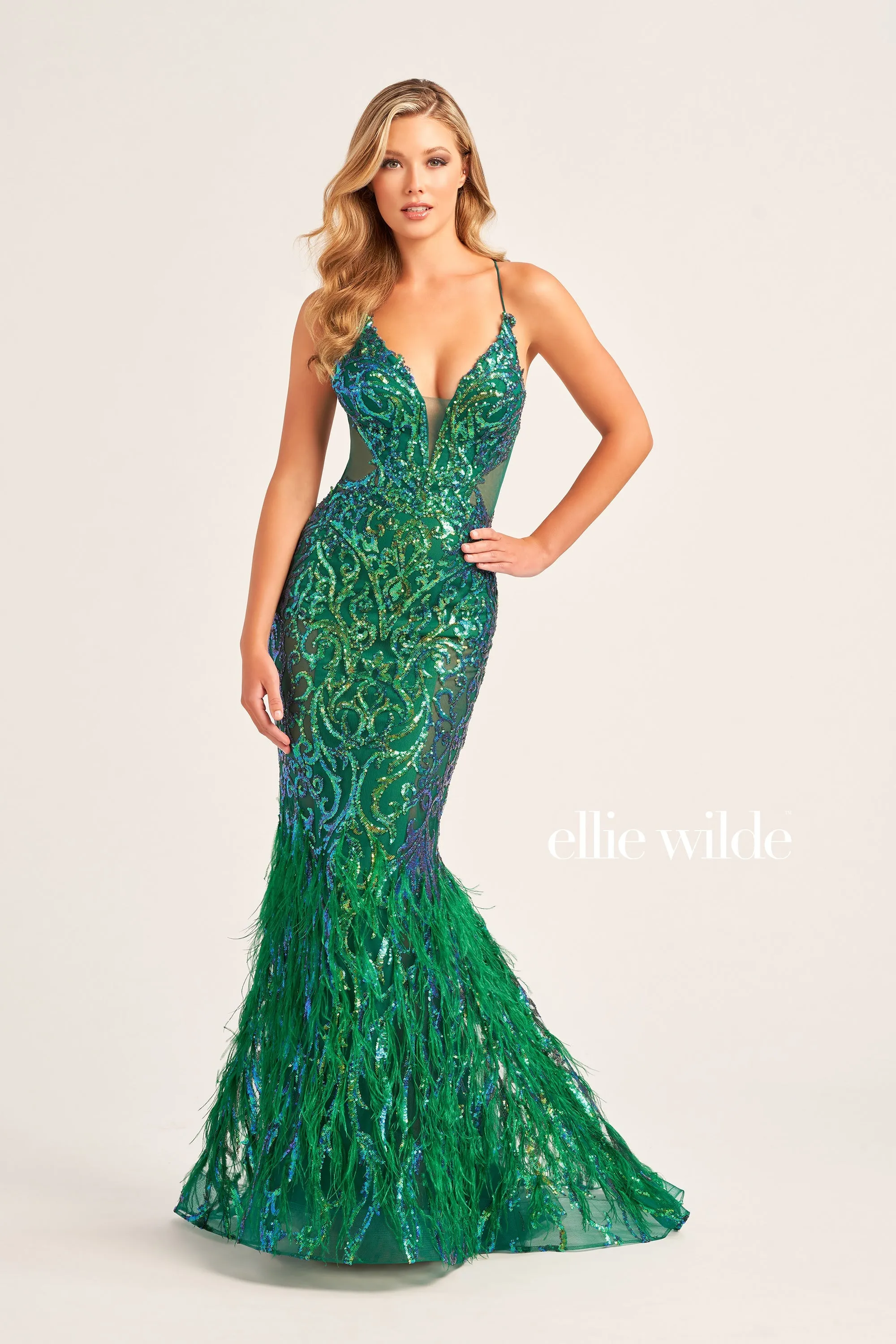 Ellie Wilde EW35006 Size 0 Hot Pink Sheer Sequin Prom Dress Backless Gown Feather Skirt Formal Gown