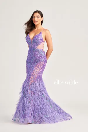 Ellie Wilde EW35006 Size 2 Iris Sheer Sequin Prom Dress Backless Gown Feather Skirt Formal Gown