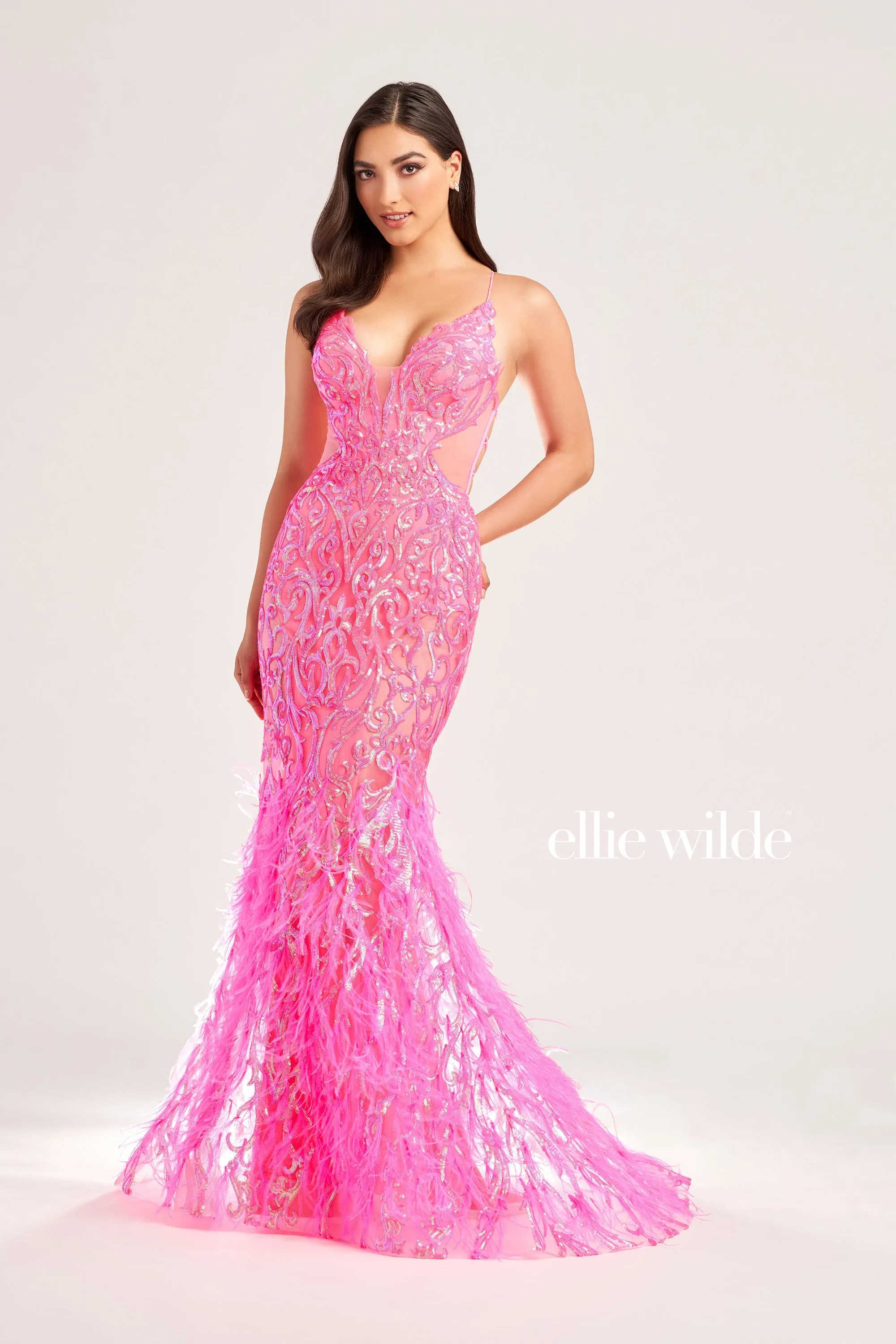 Ellie Wilde EW35006 Size 2 Iris Sheer Sequin Prom Dress Backless Gown Feather Skirt Formal Gown