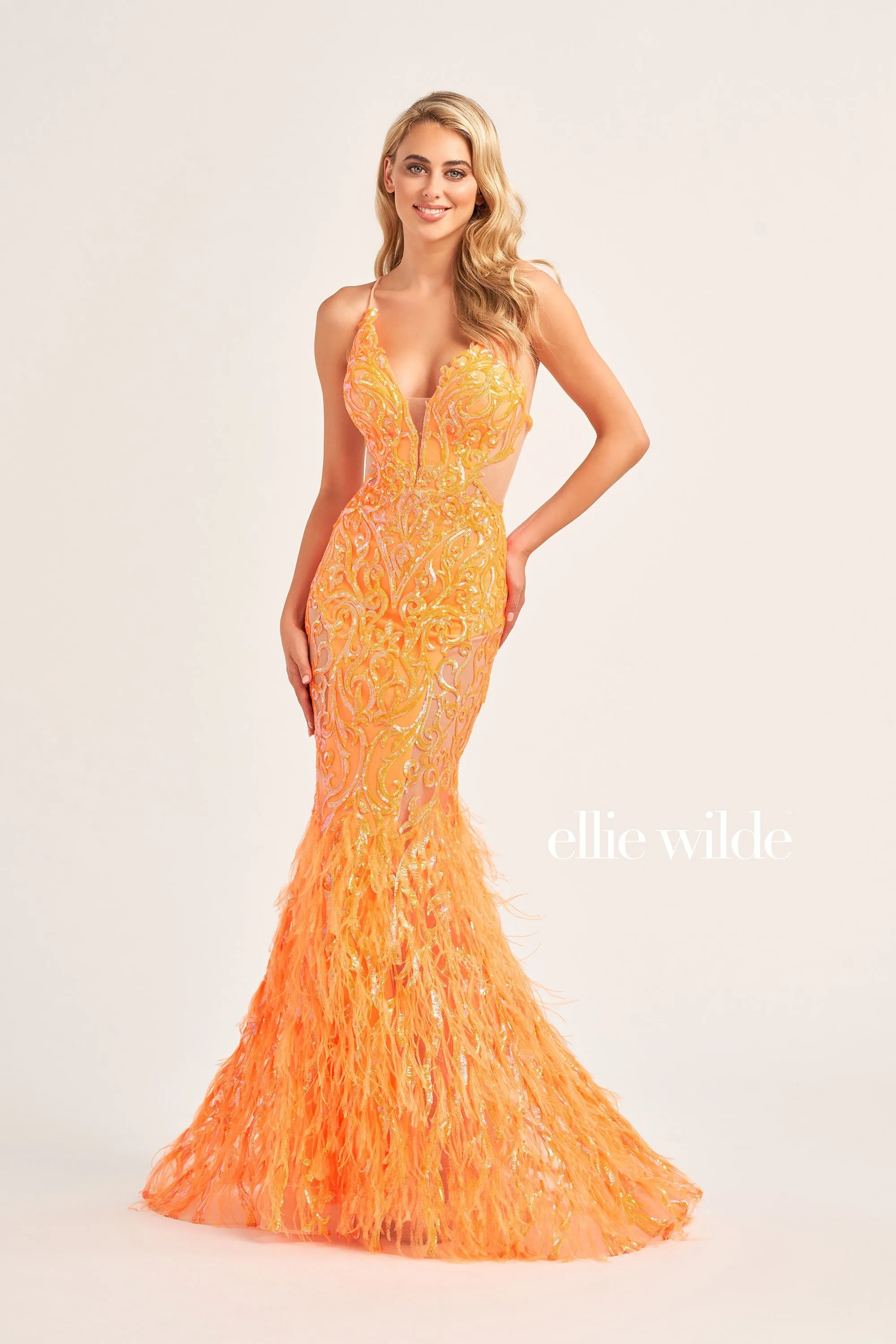 Ellie Wilde EW35006 Size 2 Iris Sheer Sequin Prom Dress Backless Gown Feather Skirt Formal Gown