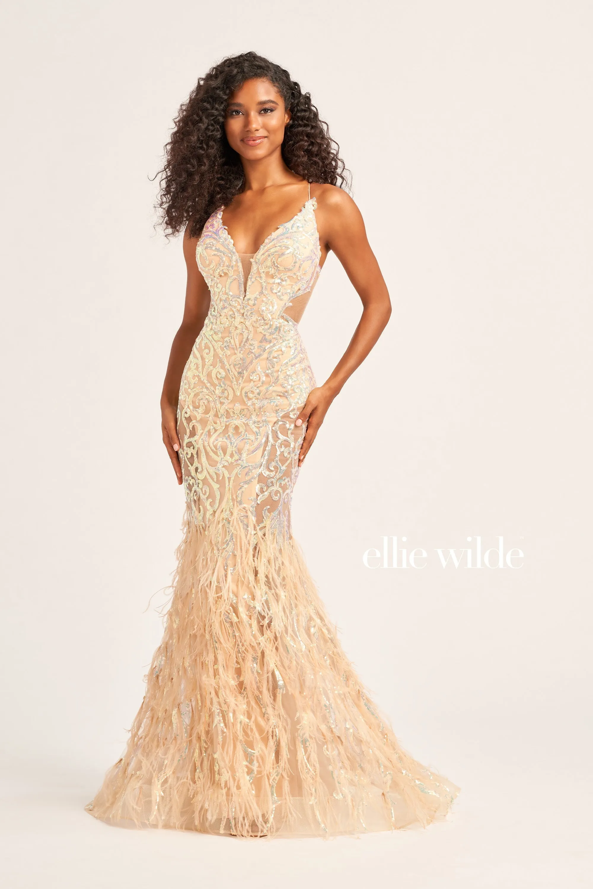 Ellie Wilde EW35006 Size 2 Iris Sheer Sequin Prom Dress Backless Gown Feather Skirt Formal Gown