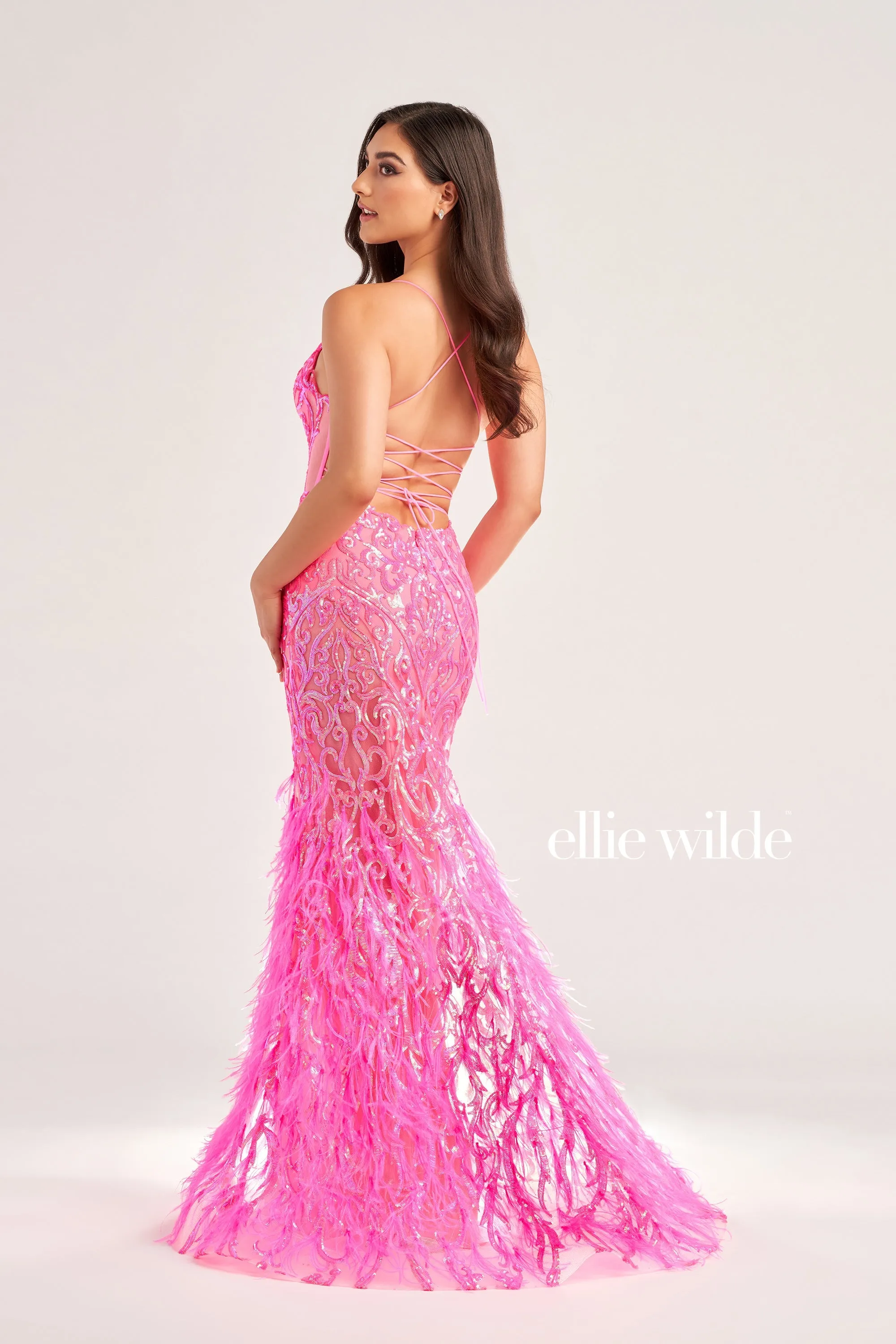 Ellie Wilde EW35006 Size 2 Iris Sheer Sequin Prom Dress Backless Gown Feather Skirt Formal Gown