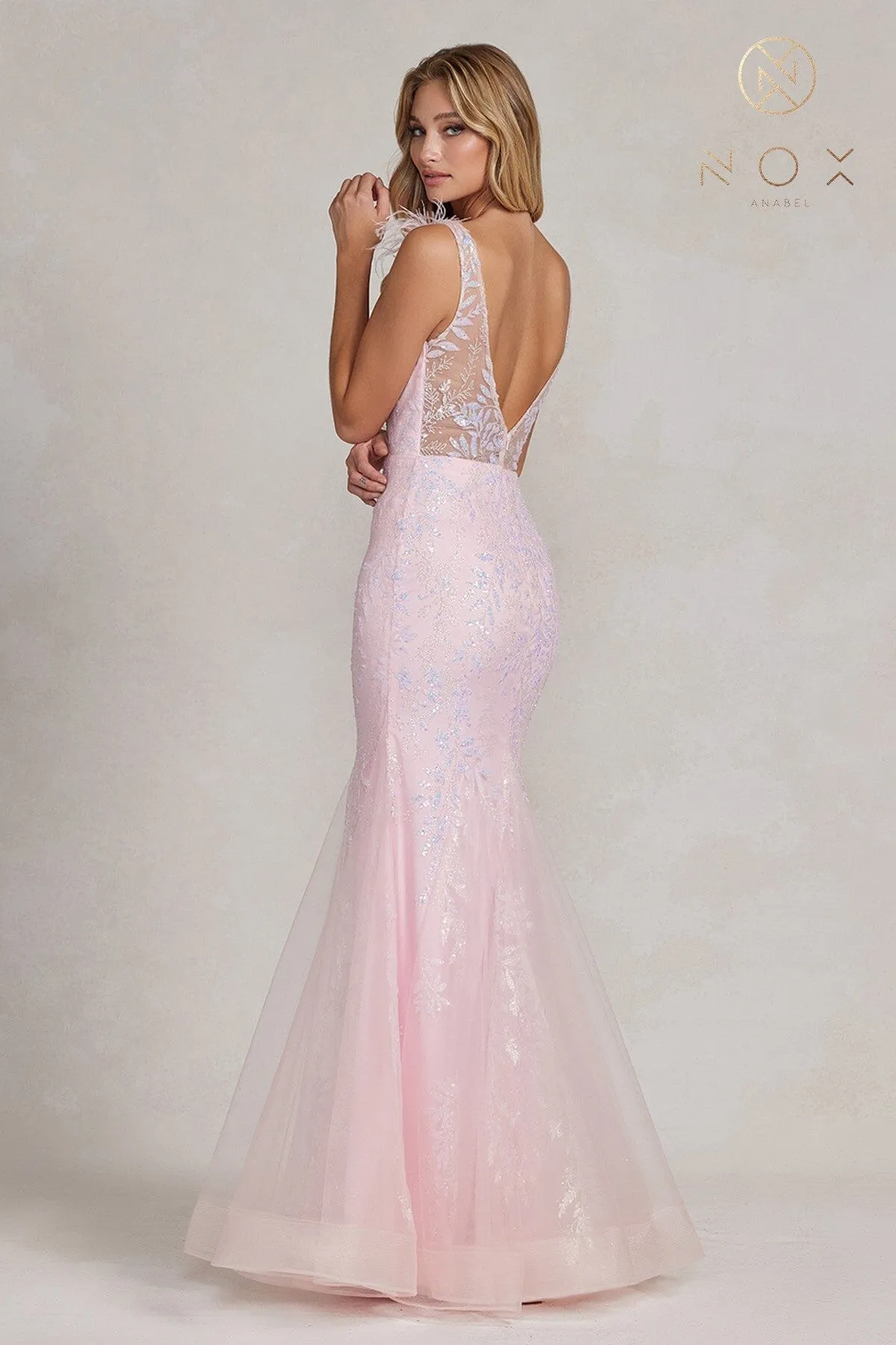 Embellished Feather Mermaid Gown by Nox Anabel T1208